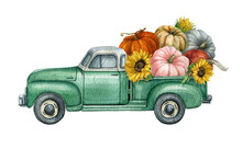 Watercolor Pumpkin Truck,Autumn Harvest Truck,Thanksgiving Arrangement,Pick Up Car,Vintage Car With Pumpkin And Sunflower,Fall Emerald Truck.