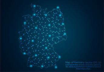 Abstract mash line and point scales on dark background with map of Germany.3D mesh polygonal network line, design sphere, dot and structure. Vector illustration eps 10.