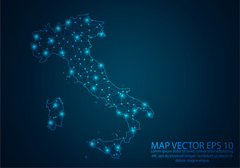 Abstract mash line and point scales on dark background with map of Italy.3D mesh polygonal network line, design sphere, dot and structure. Vector illustration eps 10.