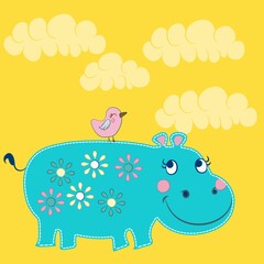 cute blue hippo patch with flowers and bird and clouds background