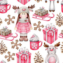 Watercolor Christmas Pattern With Doll,gift Box,toy,cone,snowflake,deer.New Year Print