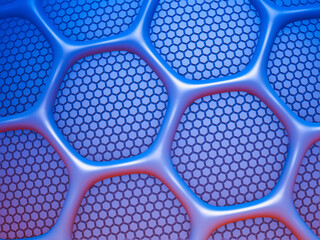 3D rendering of a blue honeycomb hexagons with cells
