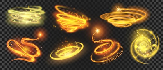 Wall Mural - shiny gold magic spirals and circles with sparkle dust. glow glitter swirls. shooting star with moti