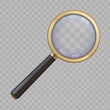 © Tartila - 3d golden magnify glass with handle and lens zoom view. Realistic magnifier loupe. Search or analytic with magnifying tool vector concept