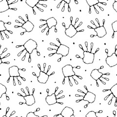 Wall Mural - Handprint seamless pattern. Abstract hand print. Repeated background for design prints. Repeating Imprint texture. Black and white printed. Grunge backdrop. Stamp palm printing. Vector illustration