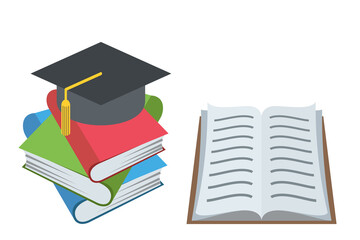 pile of books with graduation cap and open book on white background,emoji concept,vector illustration