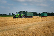 © Countrypixel - Getreideernte - am Feldrand wartet ein Schlepper mit Transportanhänger auf die Entladung des Mähdreschers.