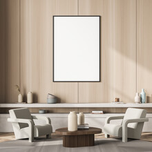 Beige Seating Area With Two Seats And Canvas On Living Room Wall