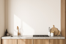 Close View On Bright Kitchen Room Interior With White Wall