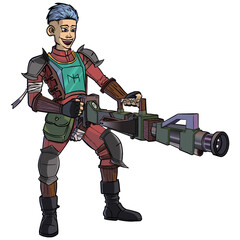 Vector illustration of a boy with his machine crossbow looks bored and happy to destroy everything.