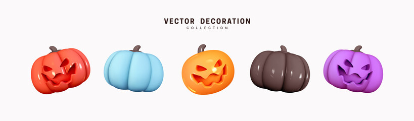 Wall Mural - Set of multi-colored pumpkins for Halloween. Pumpkin with scary, evil emotions on their faces. Creative concept idea. Realistic 3d design. Traditional element of decor for holiday. Vector illustration