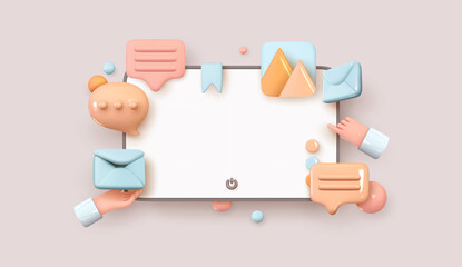 Aufkleber - Desktop monitor computer. Creative concept idea, realistic 3d design. Communication with Social media. Information Social network. Volume icons messages and email, Hand shows. Vector illustration