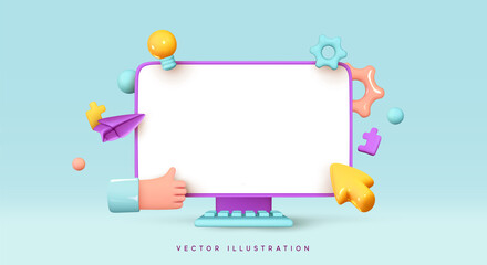 Aufkleber - Desktop computer, blank screen monitor. Creative concept idea. Realistic 3d design icons, gear and cursor pointer arrow. Configure, web repair, maintenance and website setting. Vector illustration