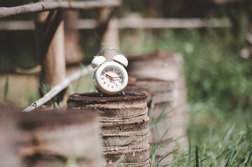  White alarm clock on wood texture , conceptual.