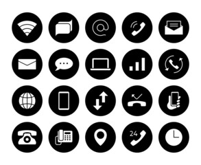Aufkleber - Contact icons. Phone communication pictograms. Email and text message symbols. Mail and call black silhouette signs set. Vector internet or network connection interface round elements