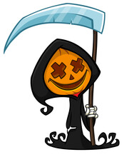Grim Reaper Pumpkin Head Cartoon Character With Scythe. Halloween Jack O Lantern Illustration Design For Party Invitation Or Poster. Vector Scarecrow