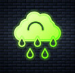 Glowing neon Cloud with rain icon isolated on brick wall background. Rain cloud precipitation with rain drops. Vector
