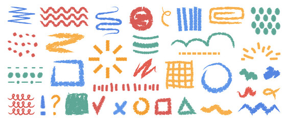 Aufkleber - Hand drawn doodles set, isolated flat cartoon shapes, spots and blots, objects and shapes patterns. Vector waves and lines, done, cross and check marks, squares and exclamation, question sign