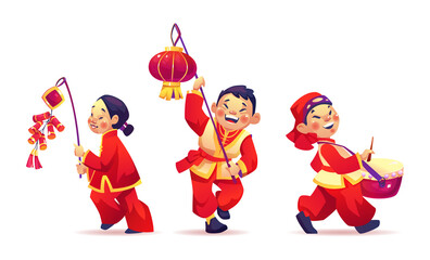 Wall Mural - Chinese New Year festival, people celebrate CNY isolated on white. Vector boys and girls with paper lanterns and firecrackers, oriental parade, asian kids in red traditional costumes celebrating fest