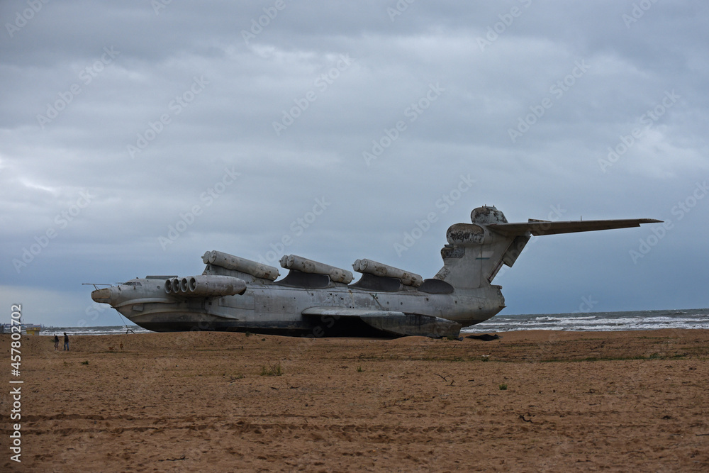 Abandoned Soviet Lun-class ekranoplan on the coast of the Caspian Sea ...
