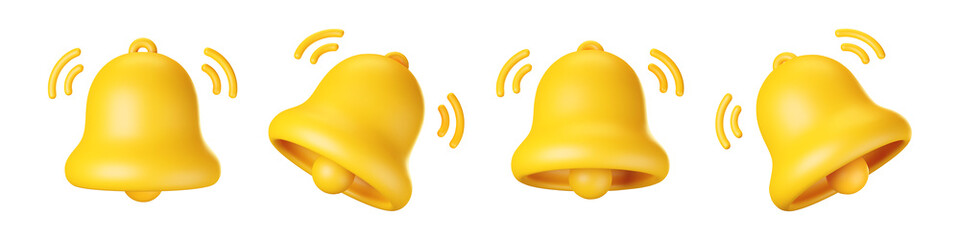 3d notification bell icon set isolated on white background. 3d render yellow ringing bell with new notification for social media reminder. Realistic vector icon