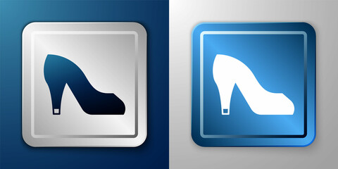 White Woman shoe with high heel icon isolated on blue and grey background. Silver and blue square button. Vector