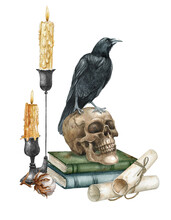 Watercolor Halloween Decor.Vintage Victorian Halloween,Halloween Composition,mystical Witchy Elements,skull,book Stack, Black Crow, Candles