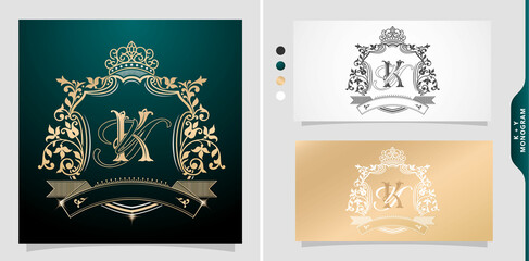 Wall Mural - set of labels with elements a initial  letter ky or yk. graphic name title. Frame Border of floral designs with variation colors, KY or YK Monogram, for insignia, label, wedding invitation, name card.