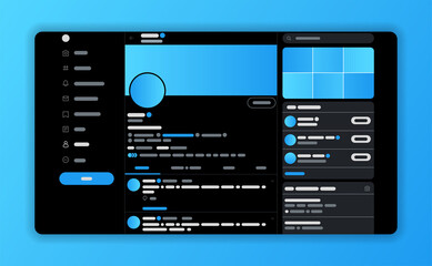 Design concept for website layout and user interface development. Mock up social network page. Vector illustration in black flat style.