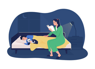 Poster - mother read story 2d vector isolated illustration. mother reading book for sleeping kid. story telli