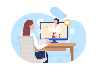 Poster - Online workshop 2D vector isolated illustration. Distance course on business. Streaming video on professional training. Learning flat characters on cartoon background. E-learning colourful scene