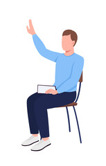 Poster - Student raising arm semi flat color vector character. Sitting figure. Full body person on white. Seminar attendant isolated modern cartoon style illustration for graphic design and animation
