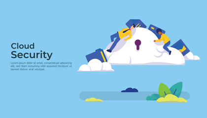 Poster - Cloud Internet data center protection. computing hosting server encryption or storage security concept with characters. Flat design style for web banner, infographics, landing page