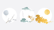 Japanese Background With Gold And Blue Texture Vector. Cherry Blossom Flower Branch, Bamboo And Chinese Cloud Decorations In Vintage Style. Art Landscape Icon And Logo Design.