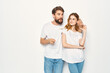 © SHOTPRIME STUDIO - cheerful young couple in white t-shirts casual clothes fashion communication