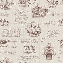 Vintage Seamless Pattern On The Theme Of Sea Travels And Adventures. Monochrome Vector Background With Hand-drawn Sailboats, Various Sea Knots, Anchors And Handwritten Text Lorem Ipsum On An Old Paper