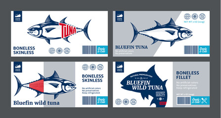 Vector tuna labels and packaging design concepts. Tuna fish illustrations