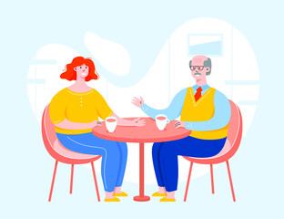 Wall Mural - Two vector character having a conversation and sitting behind the table. People in a cafe