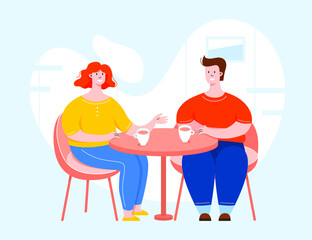 Wall Mural - Two vector character having a conversation and sitting behind the table. People in a cafe