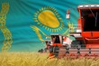 industrial 3D illustration of three red modern combine harvesters with Kazakhstan flag on rural field - close view, farming concept