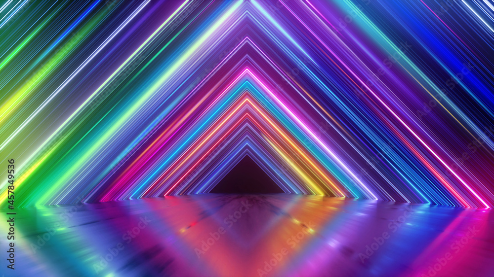 3d render, abstract geometric neon background with colorful lines ...