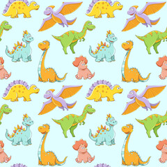  nice sweet colorful seamless pattern various little dinosaurs on light blue background