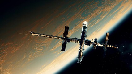 Wall Mural - new space station orbiting yellow exoplanet. 4k. ultra high definition. 3d animation
