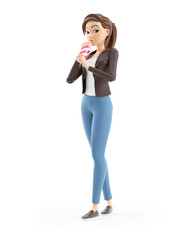 3d cartoon woman walking and drinking soda