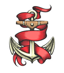 Golden Anchor with Red Ribbon Tattoo