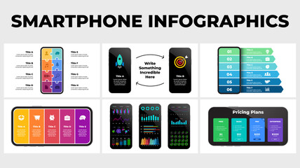 Smartphone infographic template presentation. 6 illustrations. Electronic device mockups. Puzzle banners, arrows, charts and diagrams.