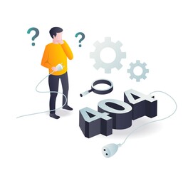 Poster - Flat isometric illustration concept. someone is confused with the 404 problem
