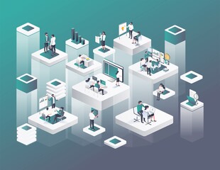 Poster - Flat isometric illustration concept. part office center with team work