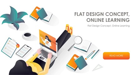 Poster - Girl at work and online course in flat design