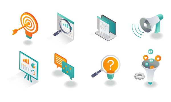 Isometric icon sets. social media and marketing strategy